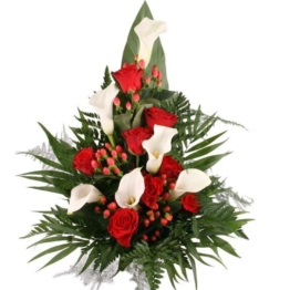 Premium-Grabstrauß Rot/Weiß mit Rosen und Calla