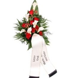 Premium-Trauerstrauß / Grabstrauß Rot/Weiß mit Rosen und Calla mit Trauerschleife / Grabschleife