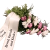 Trauerstrauß in Rosa-Lila-Weiß mit Chrysanthemen und Nelken mit Trauerschleife
