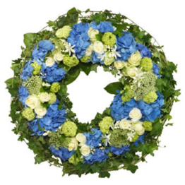 Blauer Trauerkranz (mit Hortensie, Rosen)