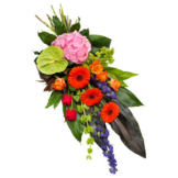 Leuchtender Trauerstrauß (mit Hortensie, Gerbera, Rosen)