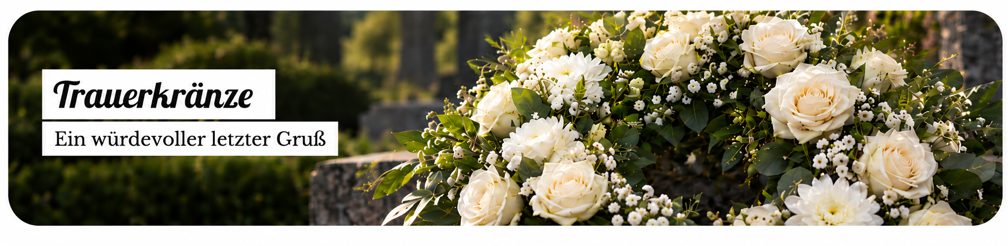 Weiße Trauerkränze mit Rosen und Schleierkraut als würdevoller letzter Gruß
